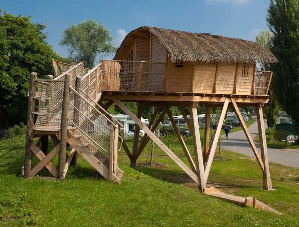 Cabane perchée en bois avec toit de chaume, entourée de verdure.