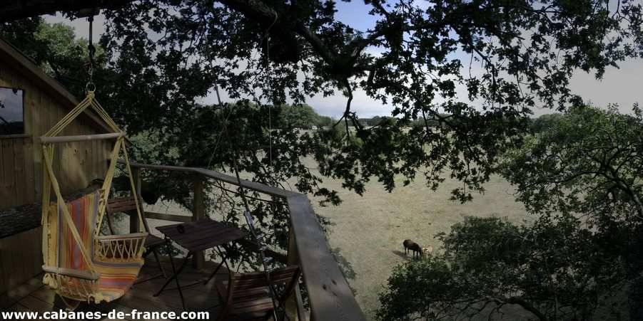 1508 Cabane perchée en Bretagne, avec un hamac et vue sur la nature verdoyante.