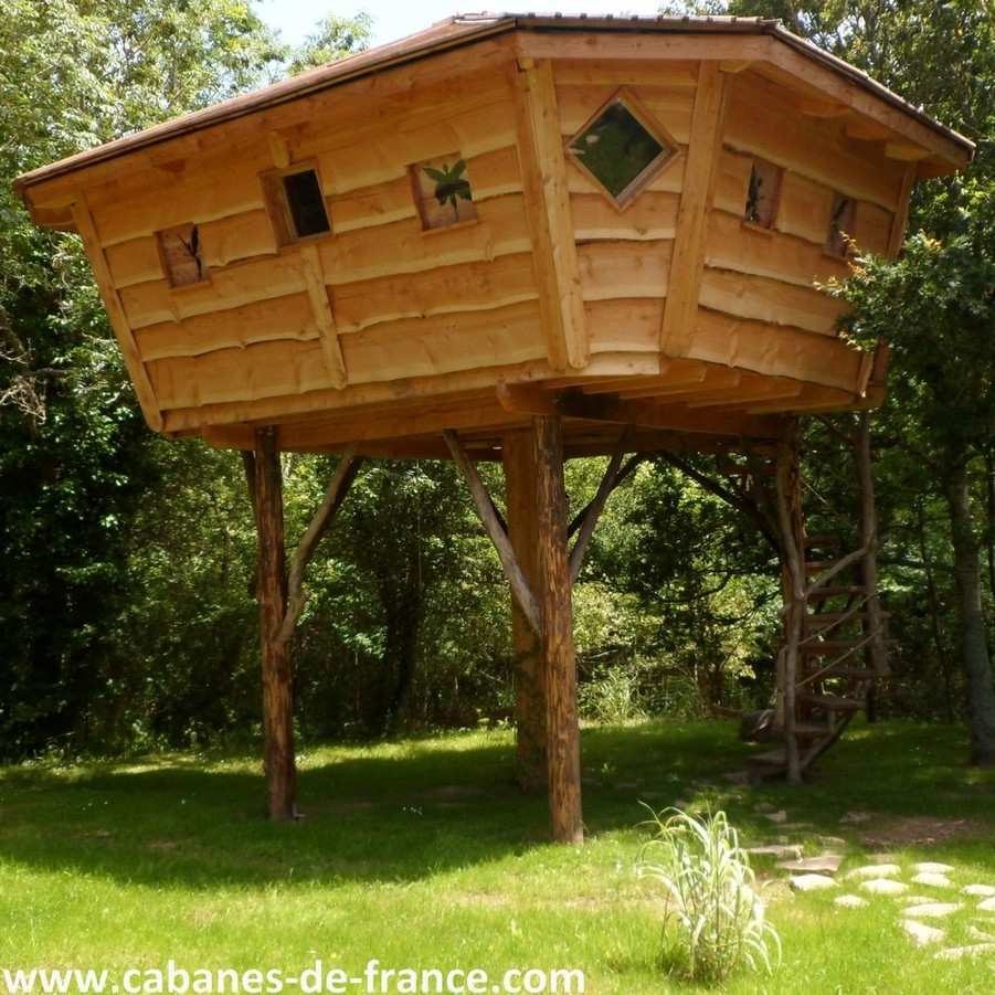 Cabane perchée en bois, sur pilotis, entourée de verdure luxuriante.
