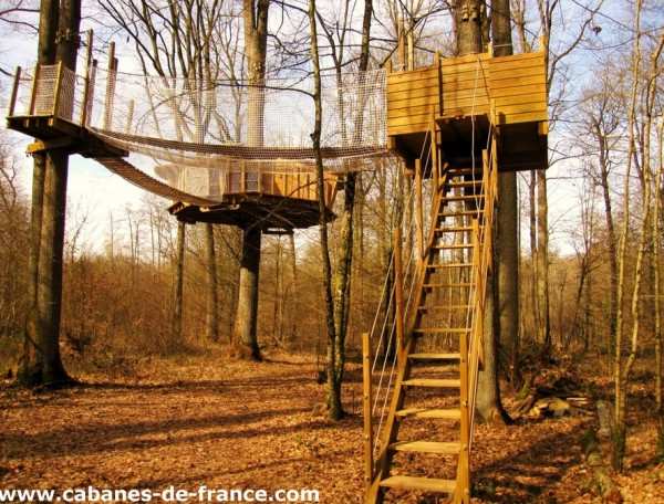 Cabane dans les arbres à Champagne-Ardenne, perchée et accessible par un escalier en bois.