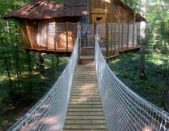 Cabane perchée dans les arbres, accessible par un pont suspendu en bois.