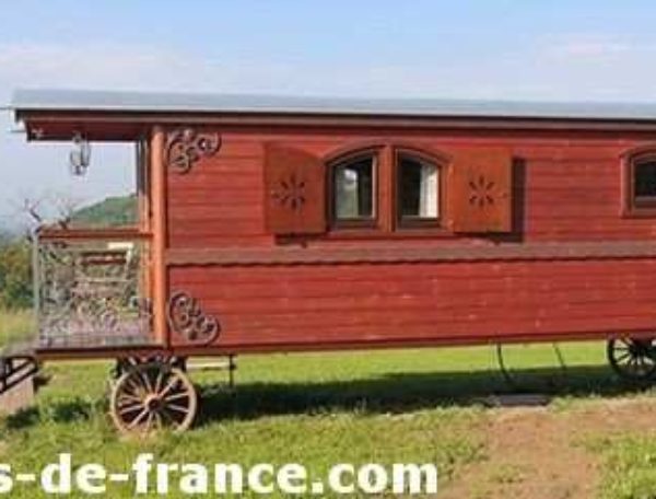 Charmante roulotte en bois avec fenêtres fleuries, entourée de verdure.