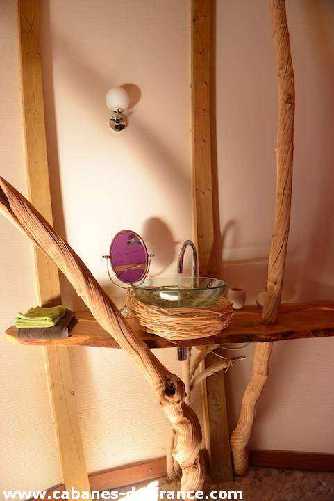2161 Cabane en bois dans les Pays de la Loire avec lavabo en verre et décor naturel.