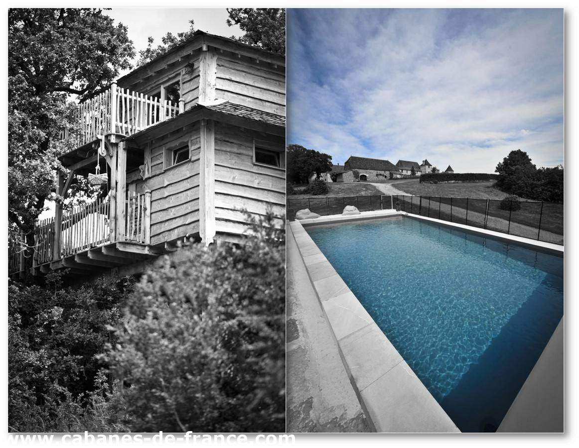 Cabane en bois perchée avec terrasse et piscine extérieure entourée de verdure.