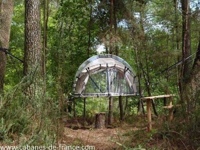 266 Cabane suspendue en Bretagne, perchée entre les arbres, offrant une vue unique sur la nature.