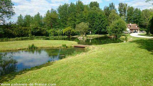 Charmante cabane au bord dun étang, entourée de verdure et de nature paisible.