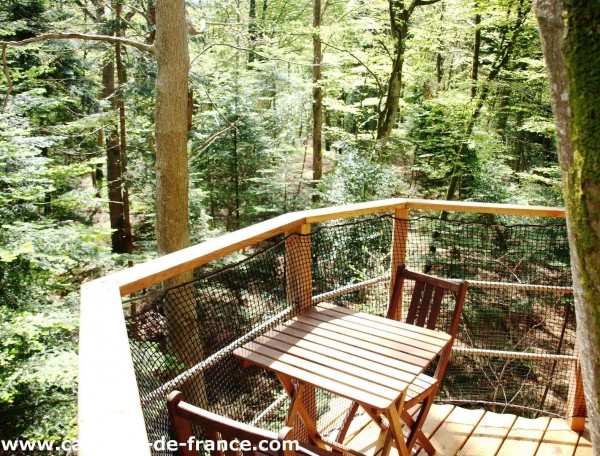 Cabane dans les arbres en Bretagne, avec une terrasse en bois surplombant la forêt verdoyante.