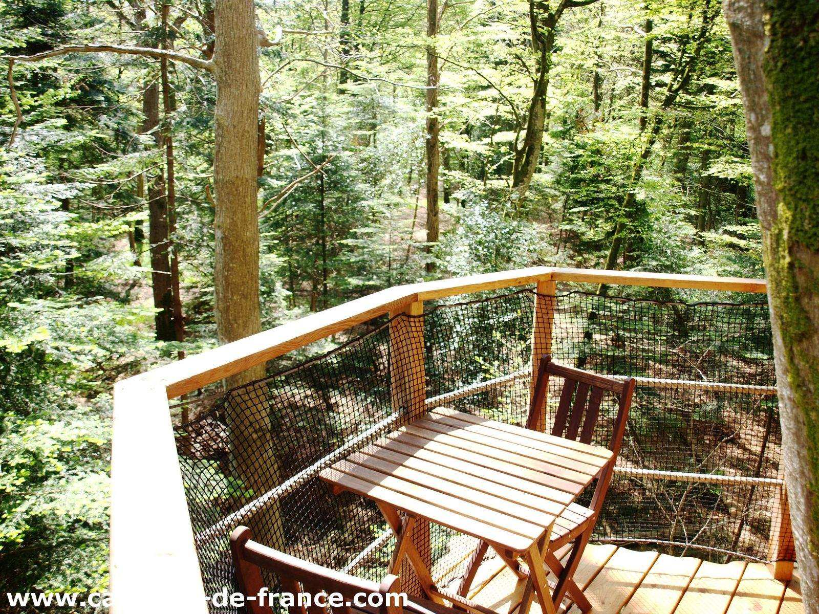 Cabane dans les arbres en Bretagne, avec une terrasse en bois surplombant la forêt verdoyante.