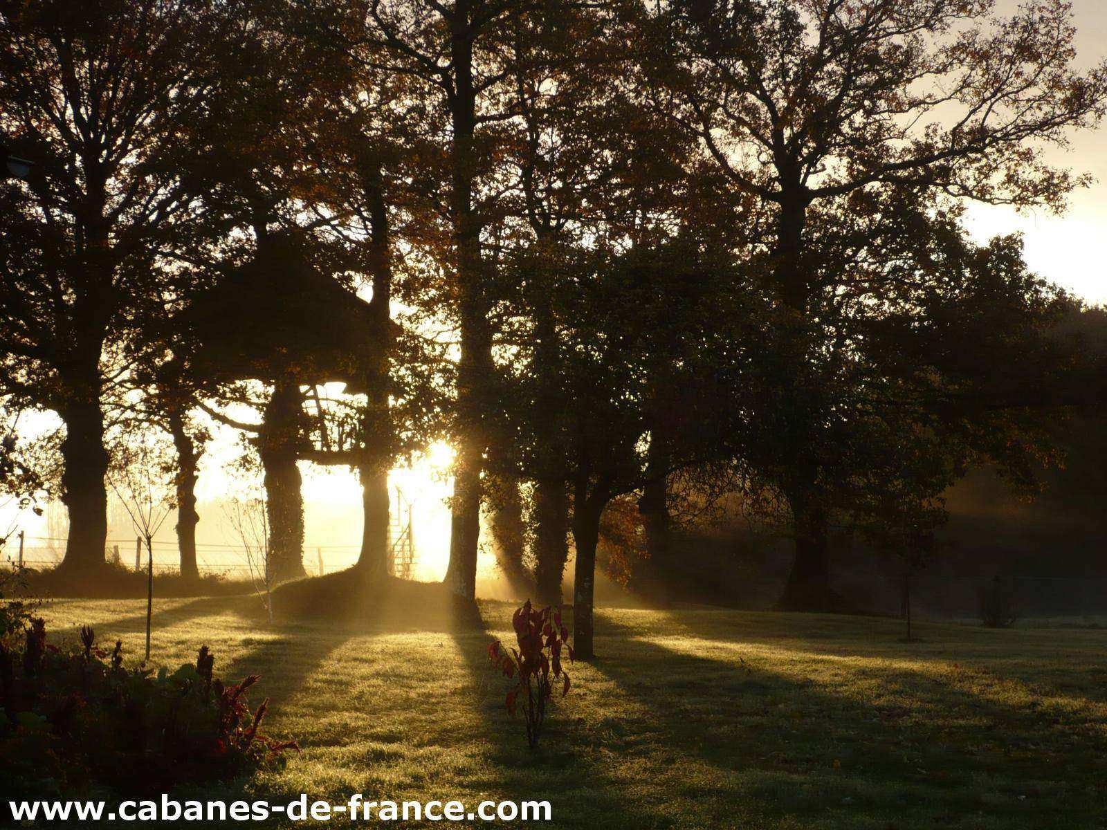 3076 Cabanes perchées en Bretagne, baignées de lumière dorée au lever du soleil.
