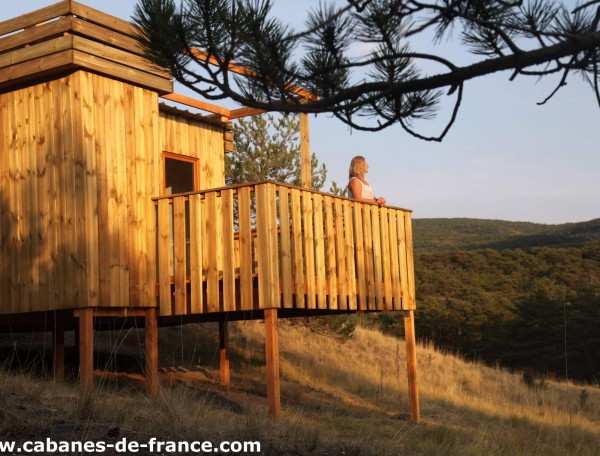 Cabane en bois sur pilotis, offrant une vue panoramique sur la nature environnante.