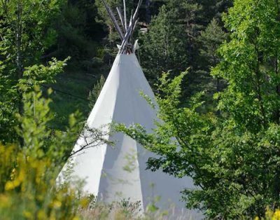 Tente tipi blanche entourée de verdure et de fleurs sauvages, idéale pour un séjour nature.
