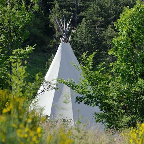 CC-Nomade-photo3 Tente tipi blanche entourée de verdure et de fleurs sauvages, idéale pour un séjour nature.