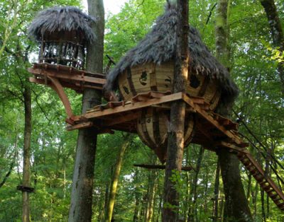 Cabane dans les arbres en bois, avec un toit en chaume, nichée dans la forêt verdoyante.