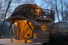 Cabane en bois originale avec un design organique et éclairage chaleureux.