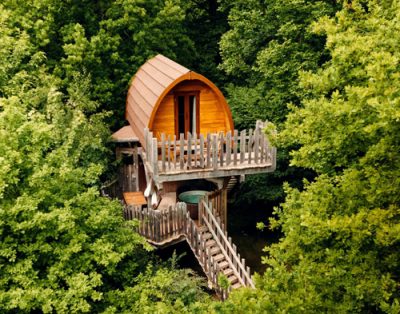 Cabane perchée en bois, entourée darbres verdoyants et avec une terrasse accueillante.