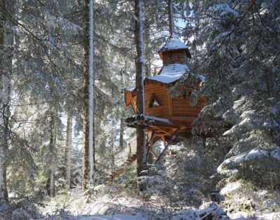 Cabane dans les arbres en bois, entourée de neige et de sapins majestueux.