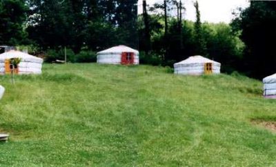 Yourtes colorées sur un terrain verdoyant, offrant une expérience unique en pleine nature.