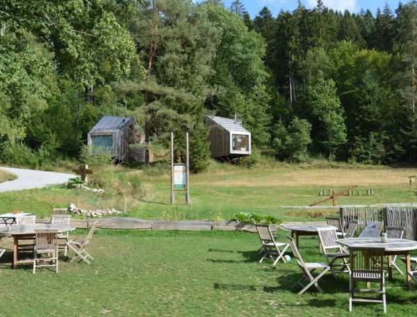 Hébergement insolite en cabanes dans les arbres, entouré de verdure et de mobilier en bois.