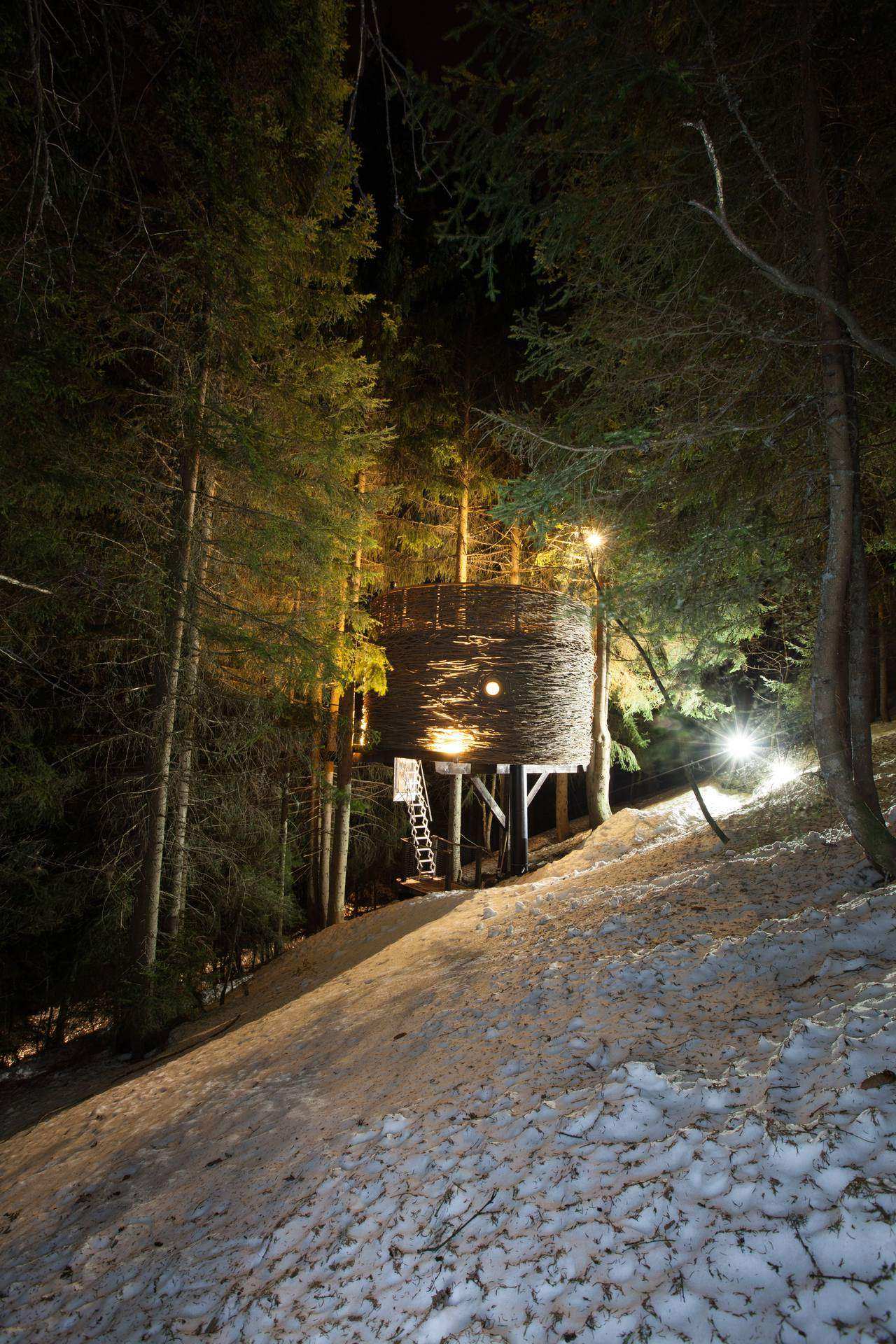 4430 Cabane perchée dans les arbres, illuminée, entourée de neige et de sapins en Auvergne.