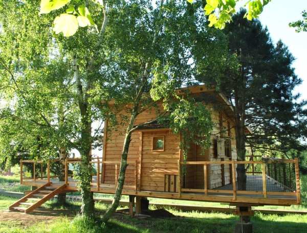Cabane en bois perchée dans les arbres, entourée de verdure luxuriante.