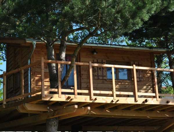 Cabane dans les arbres avec terrasse en bois, entourée de verdure.