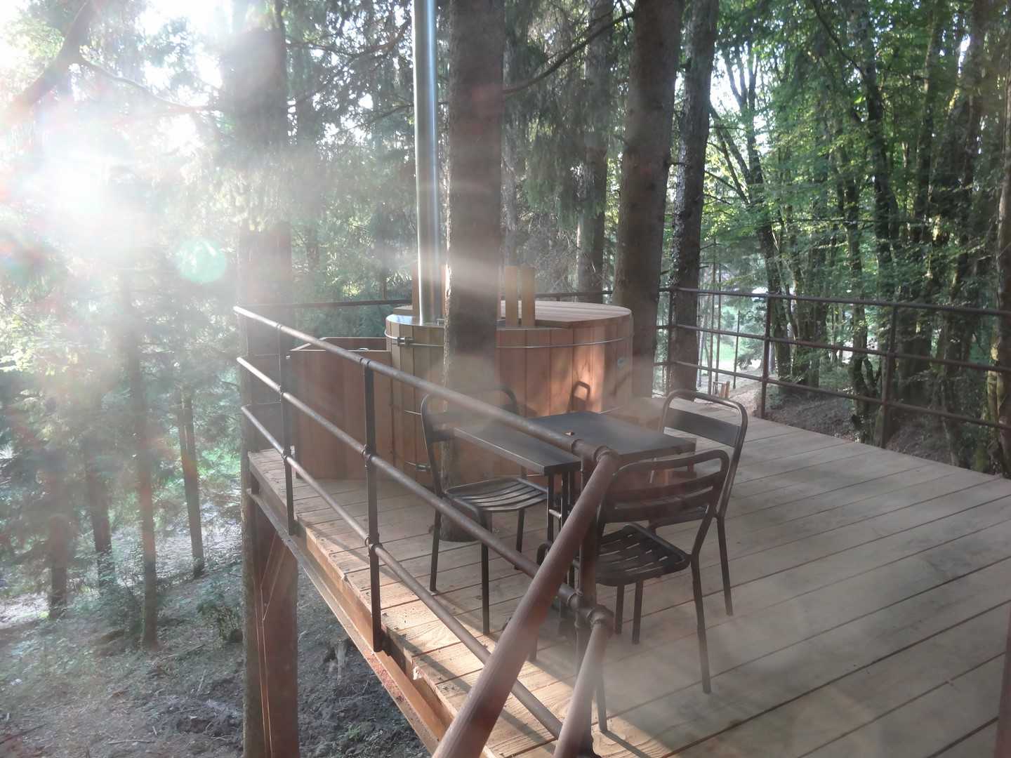 DSC03950 (Copier) Cabane perchée en Aquitaine avec terrasse en bois et jacuzzi entouré darbres.