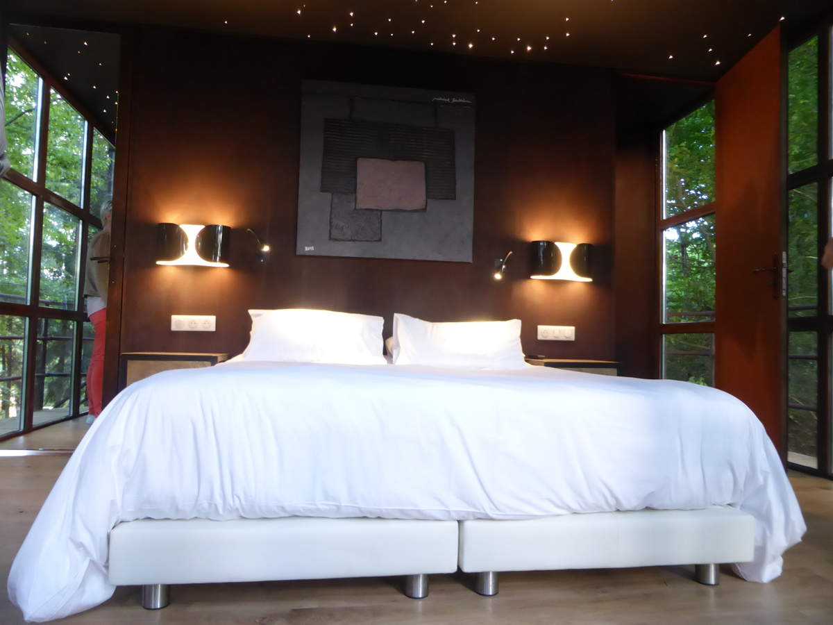 chambre cabane avec spa Chambre moderne en cabane avec vue sur la nature et éclairage étoilé.