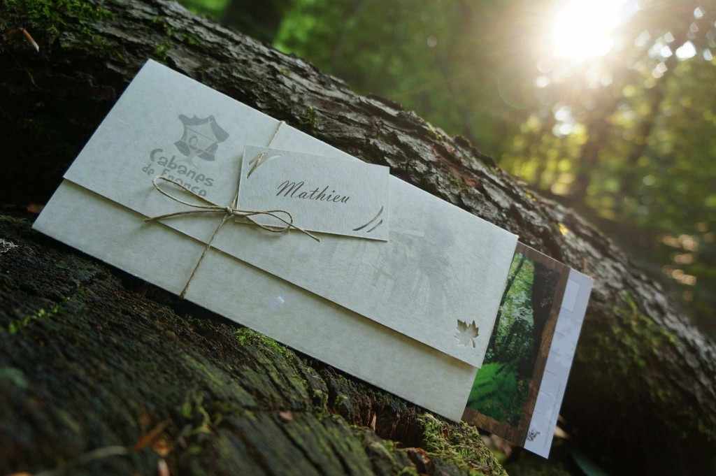 Cabanes dans les arbres, enveloppe élégante posée sur une souche en bois.