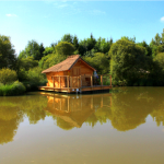 Charmante cabane sur pilotis, entourée de verdure et reflétée dans leau calme.