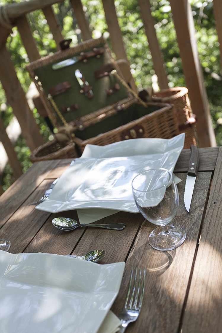 photojp-angei-jp-angei2528 Table élégante en bois avec vaisselle, près dun hébergement insolite en pleine nature.