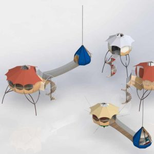 Hébergement insolite : cabanes colorées sur pilotis, reliées par des passerelles.