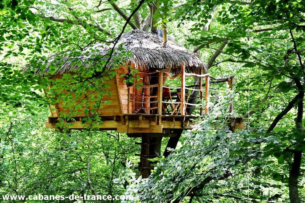 DSC_2849_cabanes-de-france Cabane perchée dans les arbres, entourée de feuillage verdoyant en Haute-Normandie.
