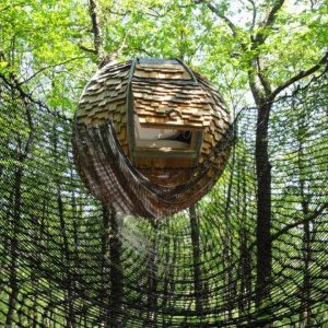 Cabane suspendue dans les arbres, avec un toit en bardeaux et un filet de sécurité.