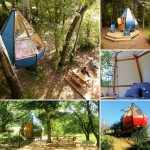 Hébergement insolite en cabane suspendue, entourée darbres verdoyants.