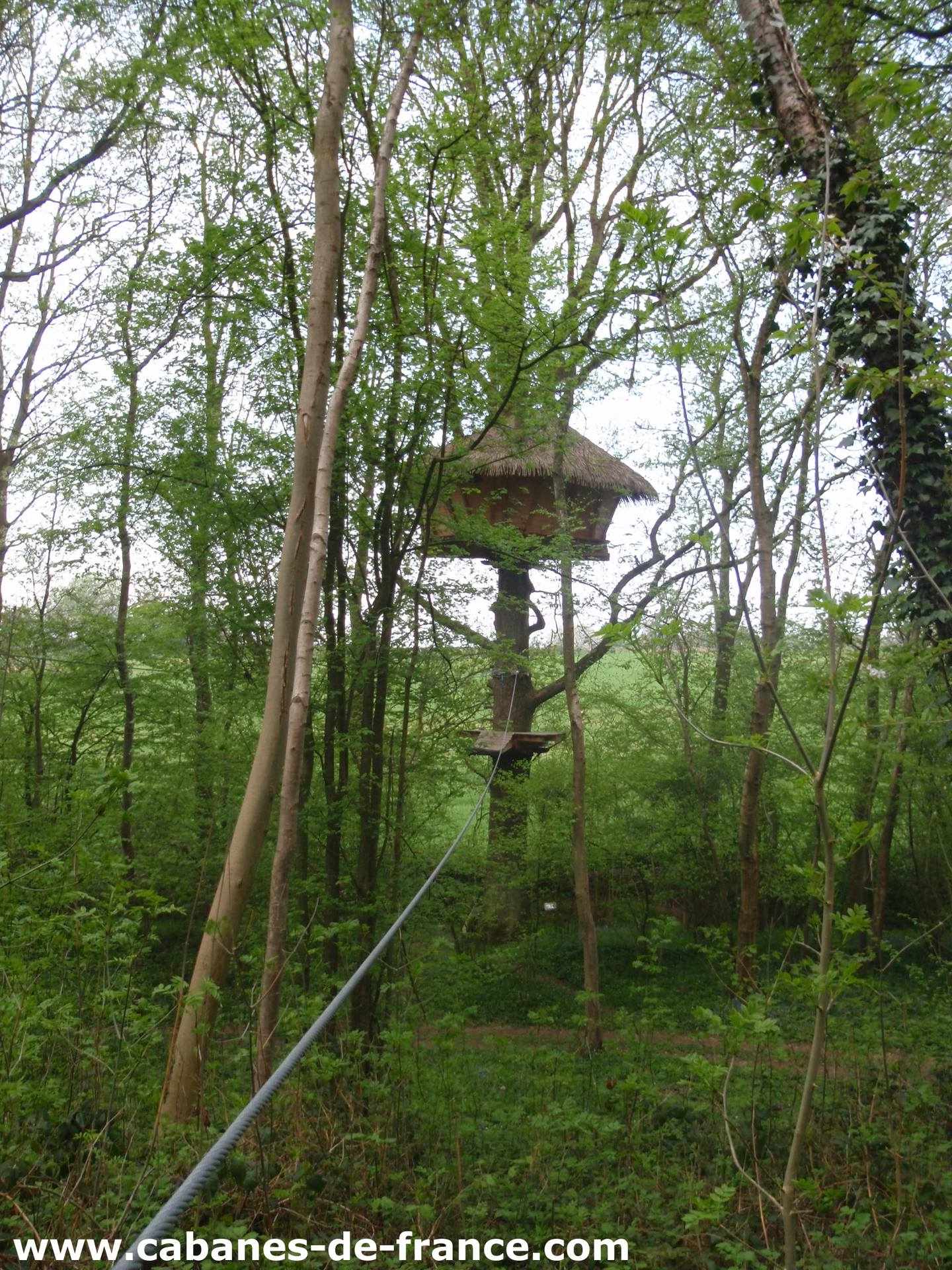 27_cabanes-de-france Cabane perchée dans les arbres, entourée de verdure luxuriante en Haute-Normandie.