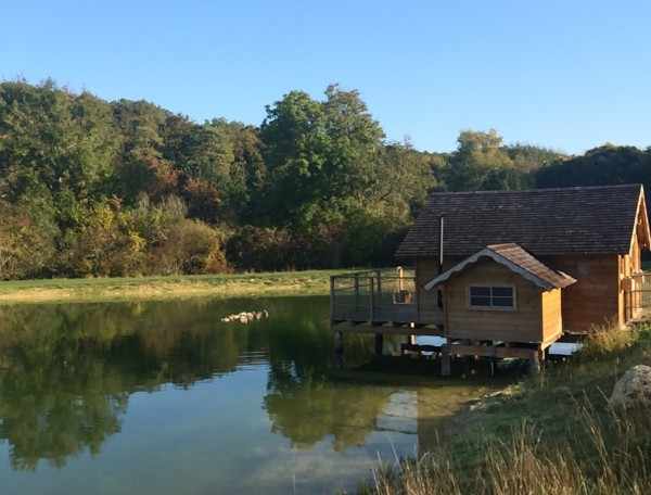 Cabane en bois au bord dun lac, entourée de verdure en Île-de-France.