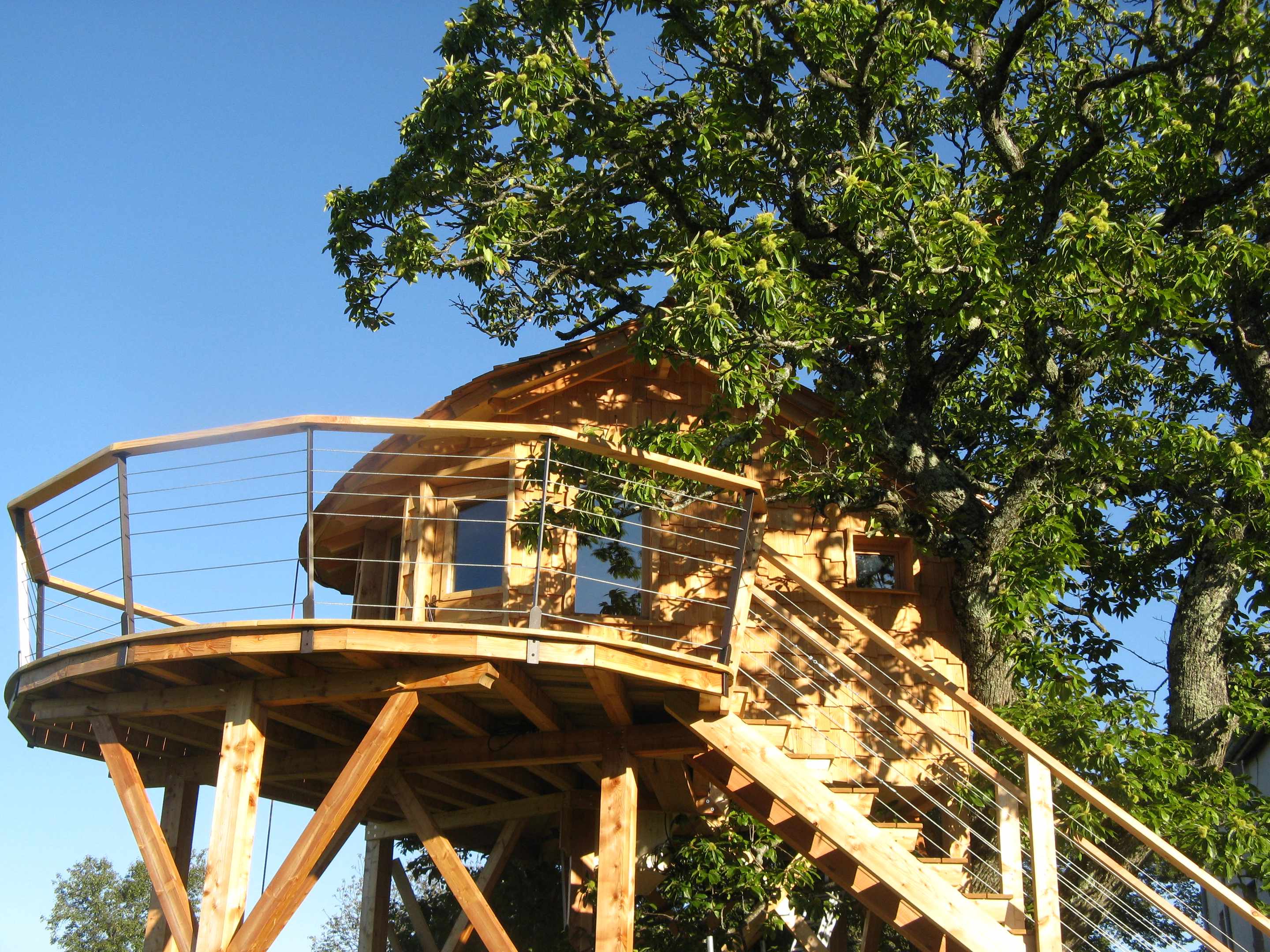 IMG_0135 Cabane perchée en bois, entourée darbres, offrant une vue dégagée sur le ciel.