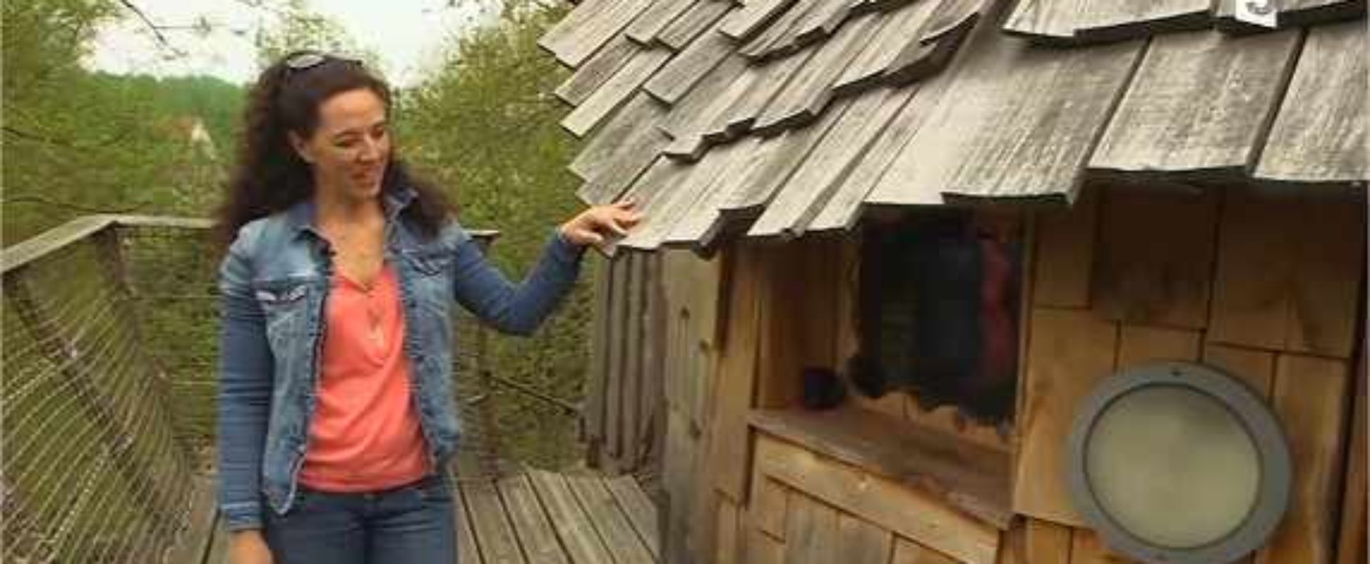 Cabane perchée en bois avec un toit en ardoise, entourée de verdure.