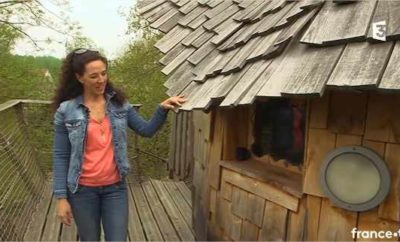 Cabane perchée en bois avec un toit en ardoise, entourée de verdure.