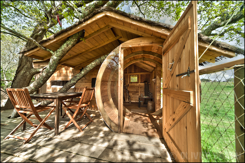 Cabane Cabane en bois perchée dans un arbre, avec une terrasse en bois et vue sur la nature.