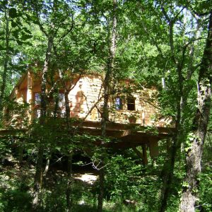 Cabane perchée en bois, entourée darbres verdoyants en Midi-Pyrénées.