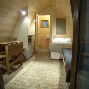 Chalet en bois chaleureux avec lit double et coin repas, ambiance cosy.