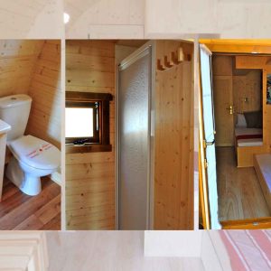 Cabane en bois avec salle de bain, douche et lit confortable. Ambiance chaleureuse.