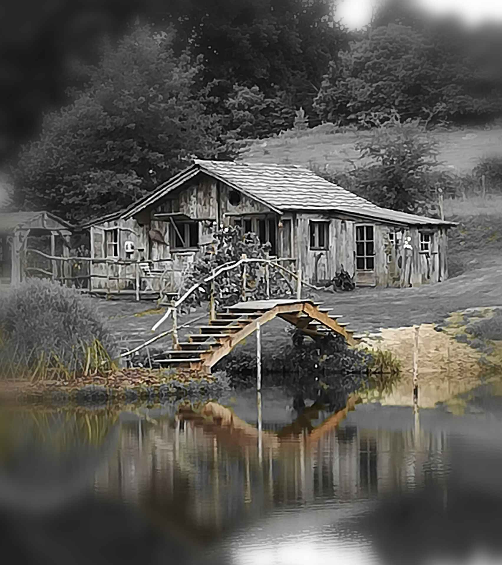 Cabane en bois au bord dun lac, entourée de verdure et dun pont en bois.