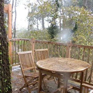 Cabane dans les arbres avec terrasse en bois, entourée de verdure.