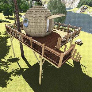 Cabane dans les arbres avec terrasse en bois, vue sur le lac et la nature environnante.