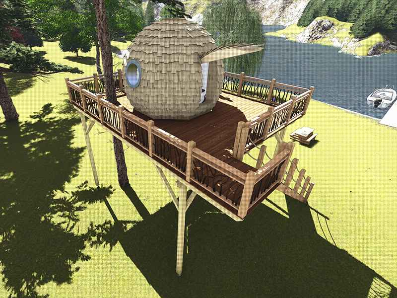 Cabane dans les arbres avec terrasse en bois, vue sur le lac et la nature environnante.