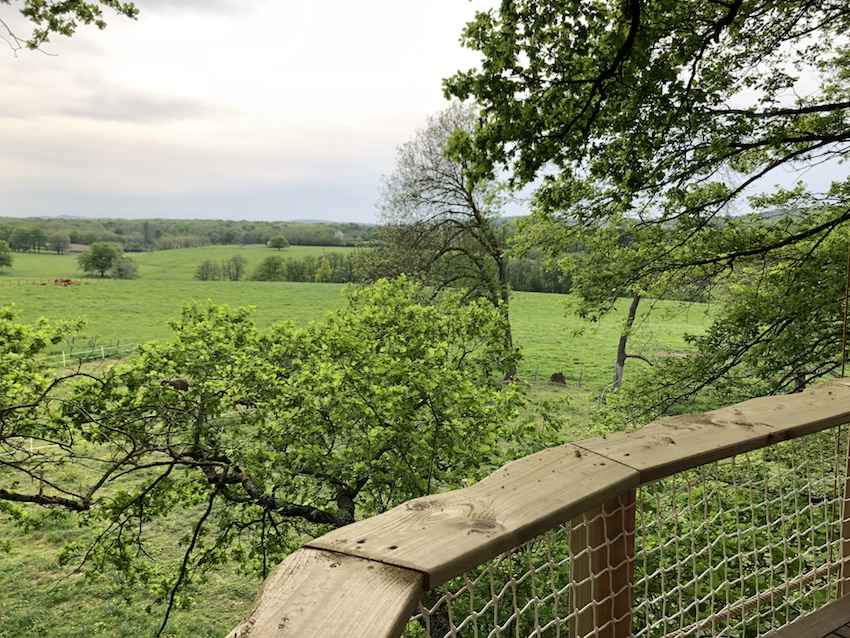 IMG_4783 Cabane perchée en Bourgogne avec vue panoramique sur la verdure environnante.