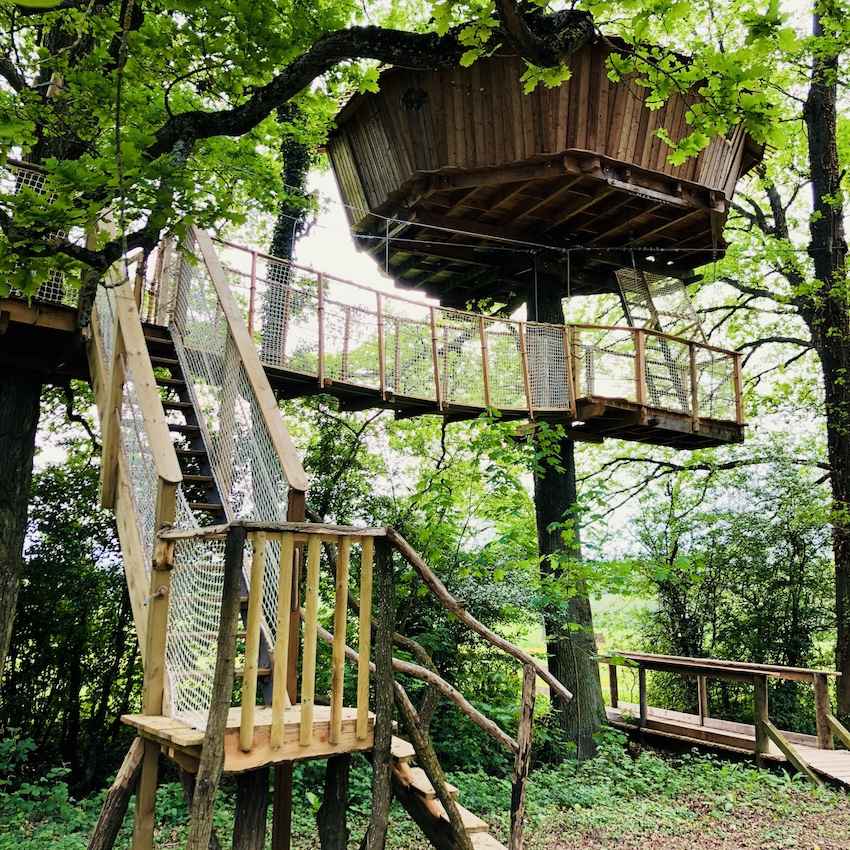 IMG_6539 Cabane dans les arbres en Bourgogne, perchée entre les feuillages verdoyants.