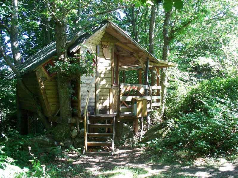 101_2649-1 Cabane perchée en bois, entourée darbres verdoyants en Basse-Normandie.